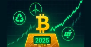 Dynamic Bitcoin chart rising to new highs in 2025, with green renewable energy icons and institutional ETF symbols overlayed on a futuristic digital gold bar, symbolizing growth and sustainability.