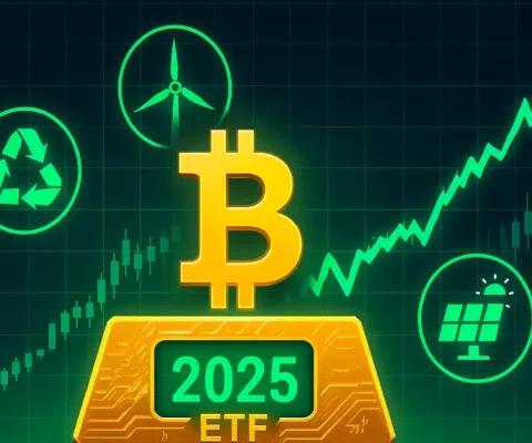 Dynamic Bitcoin Chart Rising To New Highs In 2025, With Green Renewable Energy Icons And Institutional Etf Symbols Overlayed On A Futuristic Digital Gold Bar, Symbolizing Growth And Sustainability.