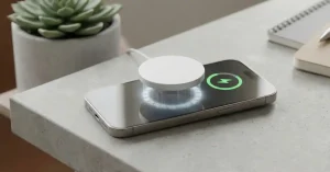 MagSafe wireless charger magnetically attached to iPhone 16 showing circular magnet array and fast charging indicator with modern minimalist background