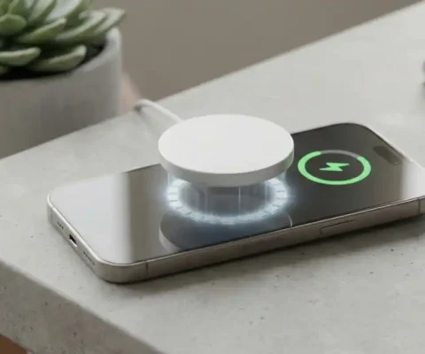 Magsafe Wireless Charger Magnetically Attached To Iphone 16 Showing Circular Magnet Array And Fast Charging Indicator With Modern Minimalist Background