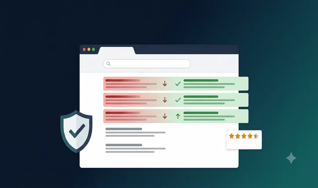 Search Results Mockup Showing Negative Results Fading And Positive Results Rising, With A Reputation Protection Shield Icon, A 4.6 To 4.9 Out Of 5 Star Rating Badge, And Pricing Reference Showing $550 To $2,500 Per Month And $5,000 To $15,000 Project Pricing