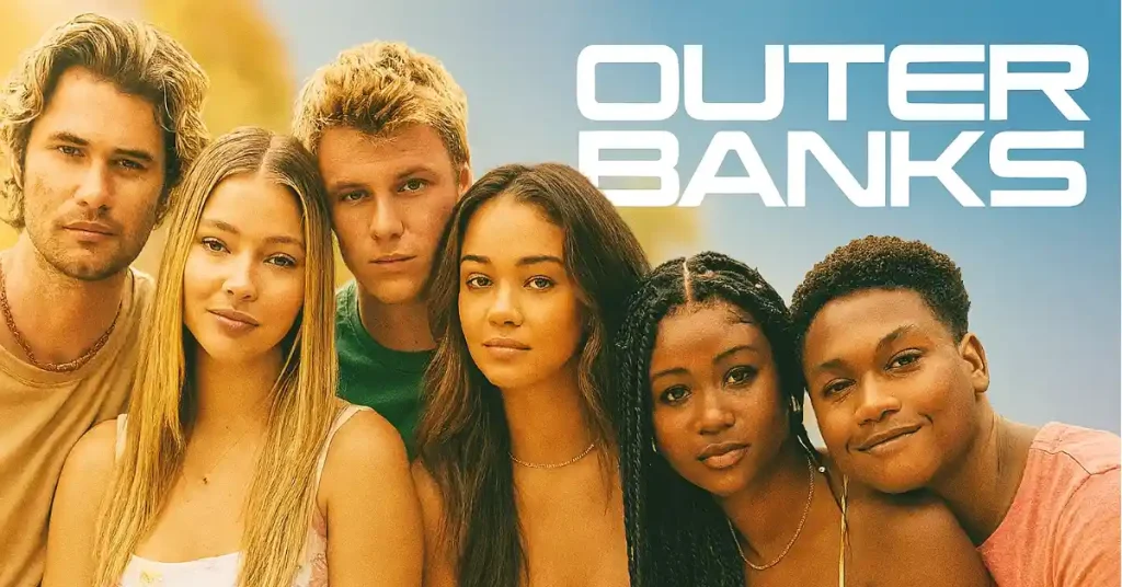 Outer Banks cast 2025 featuring the Pogues Chase Stokes, Madelyn Cline, Madison Bailey, Jonathan Daviss, and Carlacia Grant on the beach