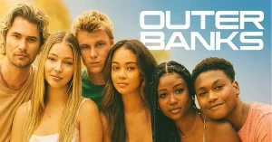 Outer Banks cast 2025 featuring the Pogues Chase Stokes, Madelyn Cline, Madison Bailey, Jonathan Daviss, and Carlacia Grant on the beach