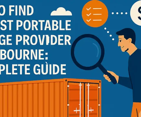 Illustrated Guide Featuring A Person Using A Magnifying Glass To Inspect An Orange Portable Storage Container, With Thought Bubbles Showing A Checklist And Dollar Sign, Representing The Search For The Best Portable Storage Provider In Melbourne.