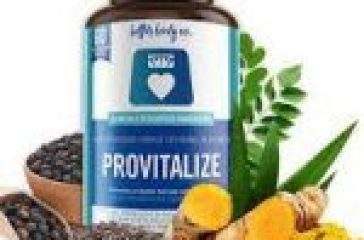 Bottle of Provitalize probiotic supplement surrounded by natural ingredients like turmeric, black pepper, and green leaves.