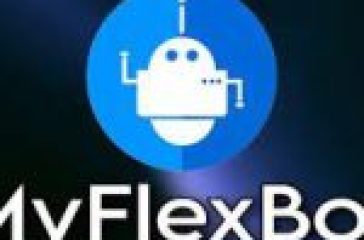 myflexbot app -Logo of MyFlexBot featuring a stylized robotic figure inside a blue circle on a dark gradient background.