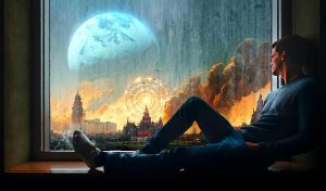 A person sitting by a window, gazing at a futuristic cityscape with a large moon and dramatic clouds in the background. #Pixwox