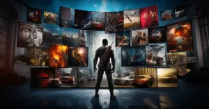 A silhouette facing a wall covered in assorted high-definition movie stills from various genres. #besthdmovies