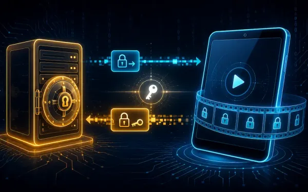 Glowing Device And Server Exchanging Encrypted Key Packets Representing Apple Fairplay'S Spc And Ckc Key Exchange, With A Locked Film-Reel Icon Showing Per-Frame Video Encryption