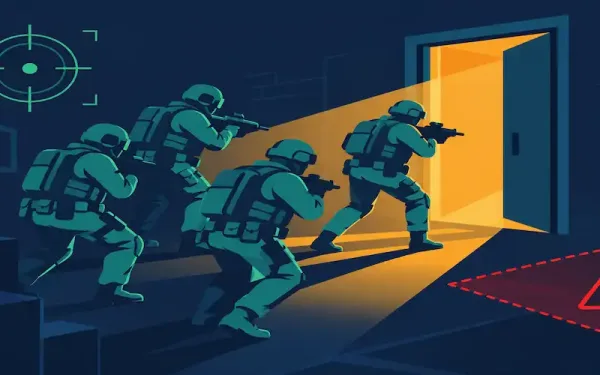Flat Illustration Of A Stylized Four-Person Tactical Squad In Formation Approaching A Doorway, Representing Team-Based Tactical Shooter Games