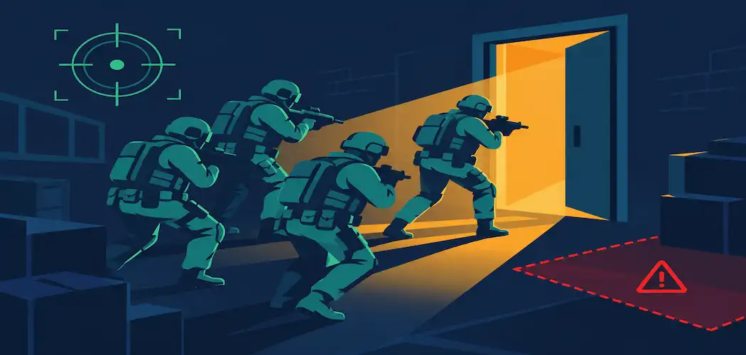 Best Tactical Shooter Games On Consoles In 2026 (Plus The Top Pc-Only Picks) 1 Flat Illustration Of A Stylized Four-Person Tactical Squad In Formation Approaching A Doorway, Representing Team-Based Tactical Shooter Games