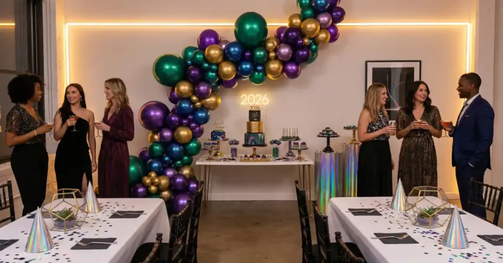 Colorful birthday party decorations featuring balloons, cakes, and themed elements for adult celebrations in 2026.