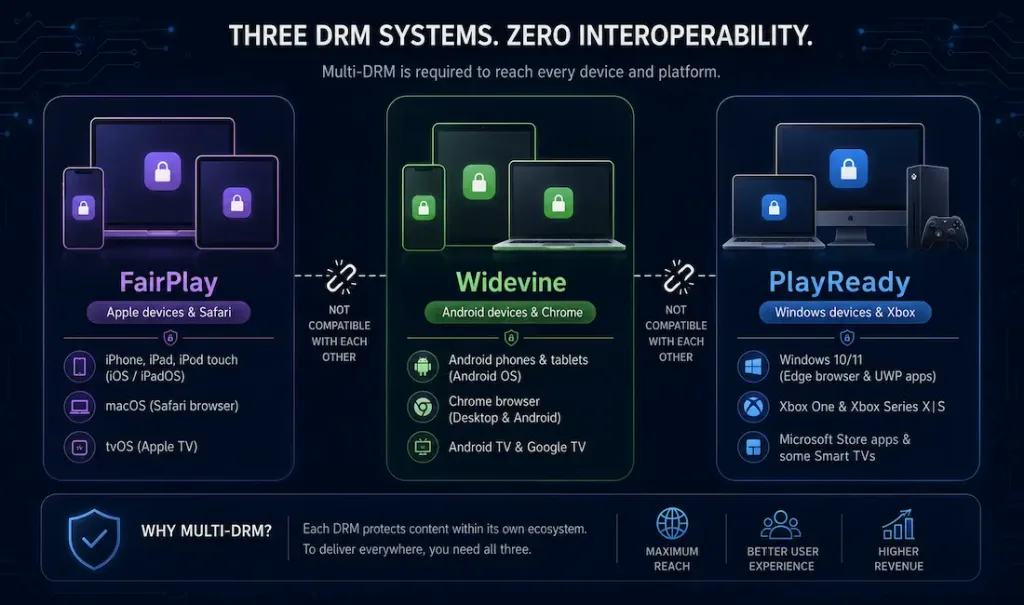 Securing Videos With Apple Fairplay Drm: How It Actually Works 3 Three-Column Comparison Of Fairplay, Widevine, And Playready Showing Which Device Platforms Each Drm System Covers And That None Of The Three Are Cross-Compatible