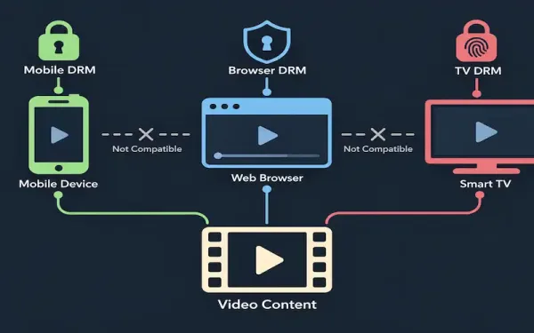 Illustration Of A Phone, Browser, And Tv, Each With A Different Lock Style And No Connection Between Them, With One Video Source Routing Separately To Each
