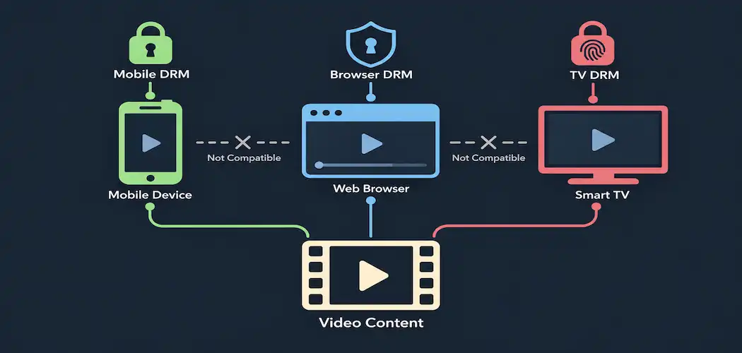 Illustration Of A Phone, Browser, And Tv, Each With A Different Lock Style And No Connection Between Them, With One Video Source Routing Separately To Each