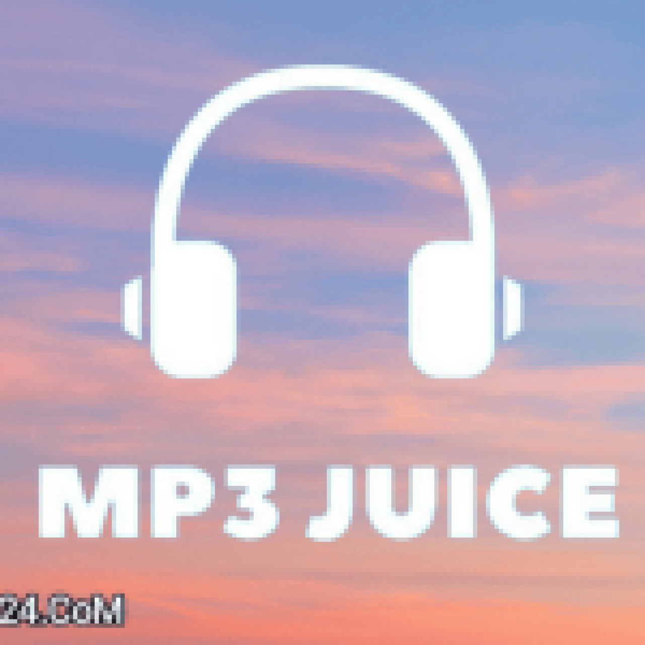 White headphones icon and text “MP3 JUICE” over a pastel sky