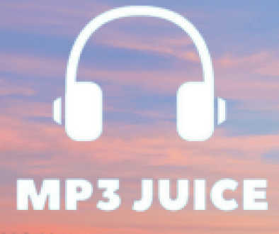 White headphones icon and text “MP3 JUICE” over a pastel sky