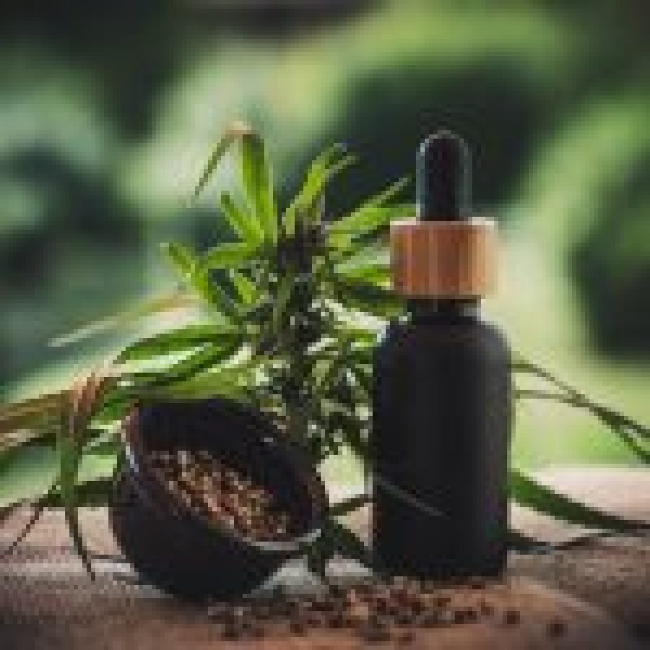 A dropper bottle of medicinal cannabis oil beside hemp seeds and a fresh cannabis plant on a wooden surface. #Medicinal Cannabis Clinics