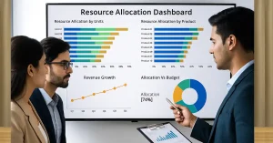 Business team analyzing charts and graphs for strategic resource allocation planning on digital dashboard