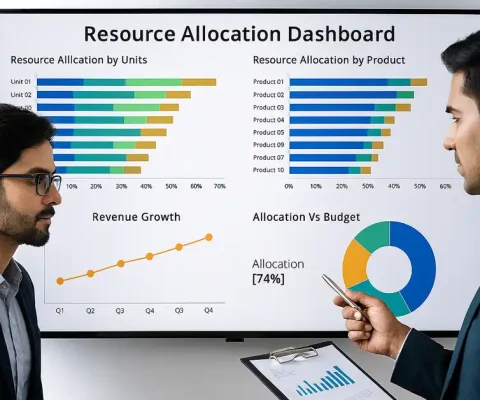 Business Team Analyzing Charts And Graphs For Strategic Resource Allocation Planning On Digital Dashboard