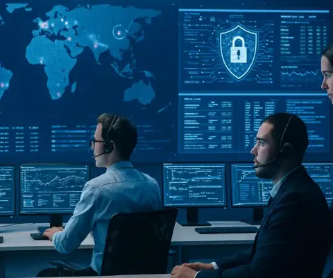 Managed Soc Team Monitoring Cyber Threats In A High-Tech Control Room For Enhanced Security