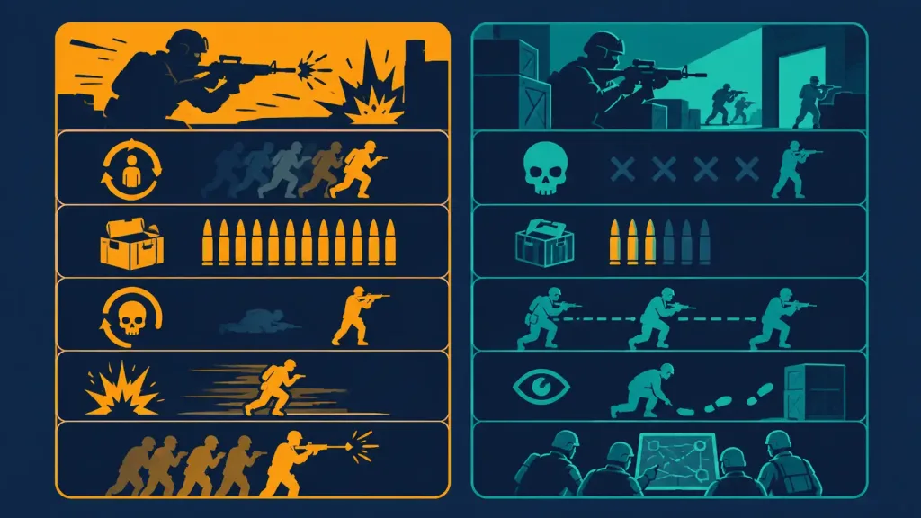 Best Tactical Shooter Games On Consoles In 2026 (Plus The Top Pc-Only Picks) 2 Comparison Graphic Contrasting Arcade Shooter Traits Like Fast Respawns And Large Ammo Pools With Tactical Shooter Traits Like Single-Life Rounds And Team Coordination