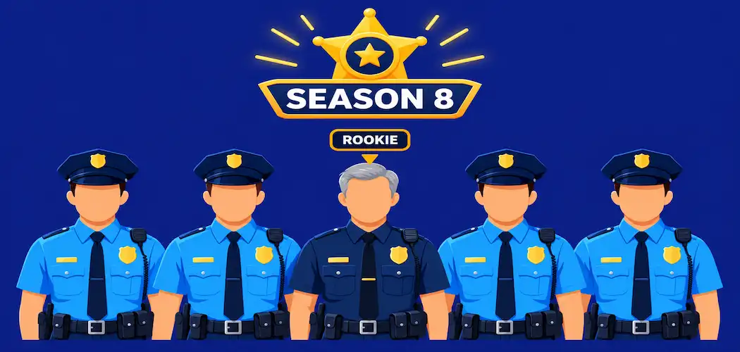 &Quot;The Rookie&Quot;: Why This Police Procedural Still Works, And Where To Watch It 1 Illustration Of Five Police-Officer Silhouettes In A Row, One Visually Distinct As The Older Rookie, Beneath A Badge Labeled Season 8