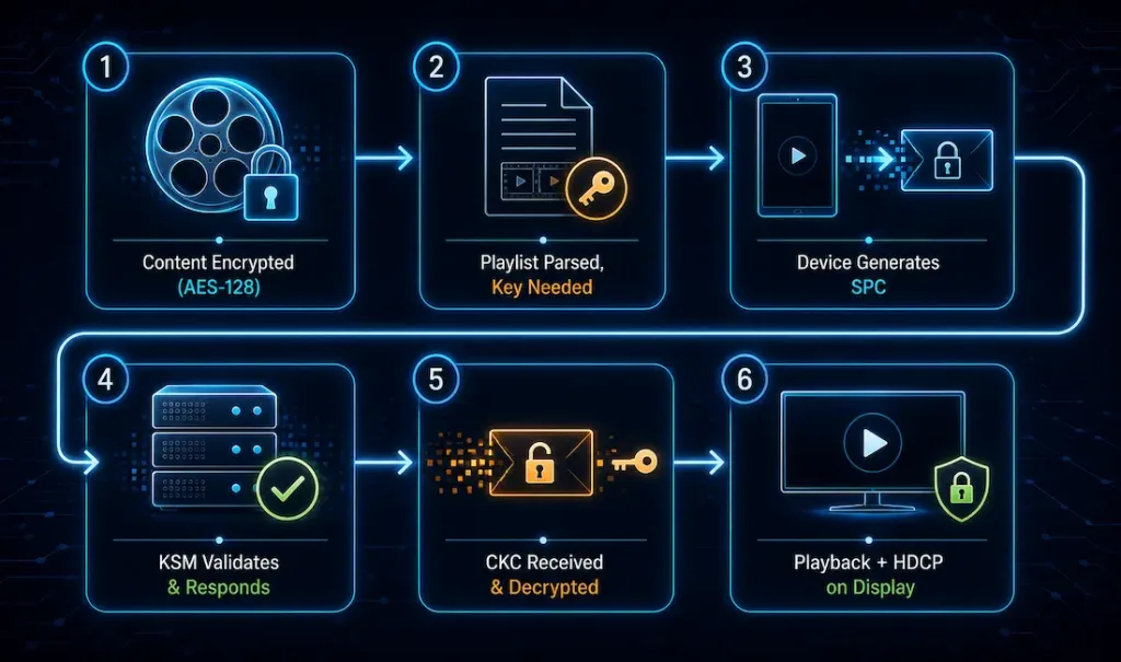 Securing Videos With Apple Fairplay Drm: How It Actually Works 2 Six-Step Flow Diagram Showing The Fairplay Streaming Process From Content Encryption Through Spc Generation, Ksm Validation, Ckc Decryption, And Final Playback With Hdcp Display Protection