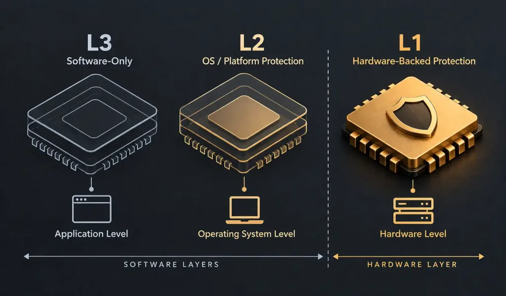 Video Drm Explained: How Streaming Platforms Actually Protect Content 2 Illustration Of Three Progressively More Solid Shapes Representing Widevine'S L3, L2, And L1 Security Levels, From Software-Only To Hardware-Backed