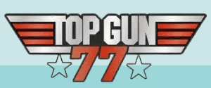 Logo of TopGun77 with retro arcade-style lettering and two stars against a teal background.