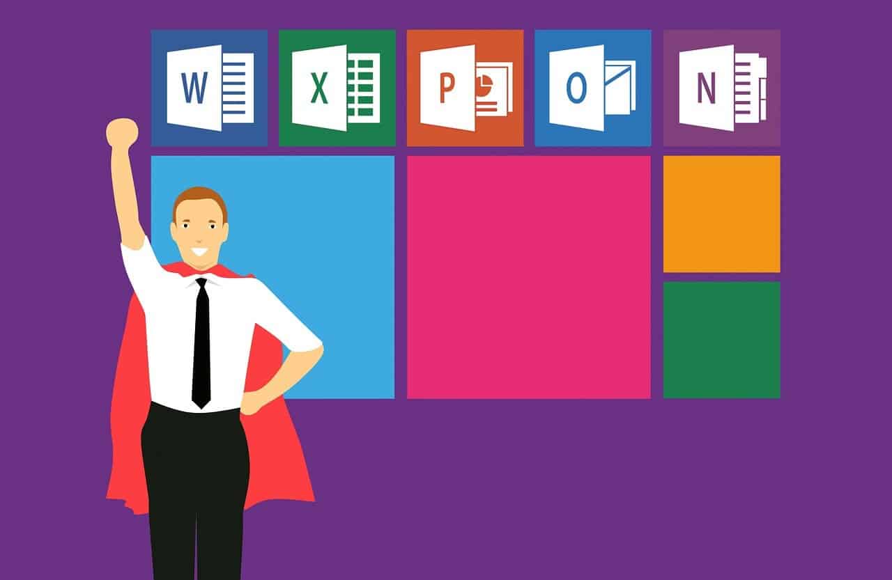 A graphic illustration of a confident individual with an upraised arm standing before icons for Microsoft Word, Excel, PowerPoint, and OneNote