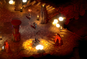 Diablo 2 Ladder :An overhead view of a dimly lit dungeon scene with fiery effects and characters in medieval armor