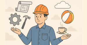 Illustration of an engineer balancing work tools and relaxation elements, symbolizing handling difficulties in the engineering world
