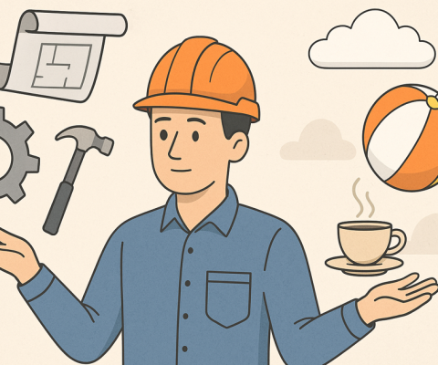 Illustration of an engineer balancing work tools and relaxation elements, symbolizing handling difficulties in the engineering world