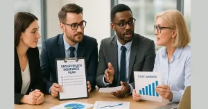 How To Save Money On Group Health Insurance Plans 7 Business team discussing group health insurance plans with cost-saving charts