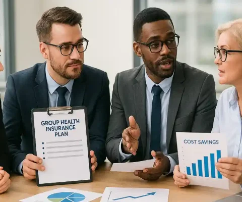 Business team discussing group health insurance plans with cost-saving charts