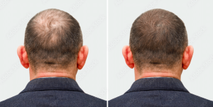Before and after images of a man's head showing the results of a hair transplant.