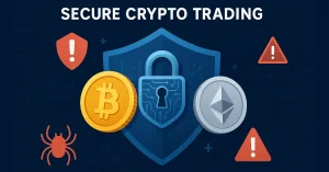Secure crypto trading illustration with digital lock shielding Bitcoin and Ethereum coins against cyber threats