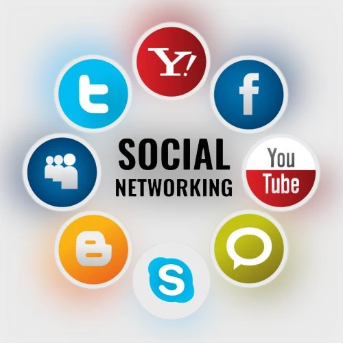 A graphic with eight circular icons representing various social media platforms, including Twitter, Yahoo!, Facebook, LinkedIn, Blogger, Skype, YouTube, and Myspace. The icons are arranged around the central bold text “SOCIAL NETWORKING” set against a blurred multicolored background. Each icon features its respective logo with a white letter or symbol on a vibrant colored background.