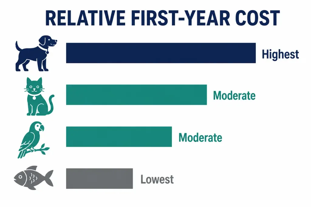 Choosing The Perfect Pet: A Complete Guide For Prospective Owners 2 Bar Chart Comparing Relative First-Year Ownership Costs Across Dogs, Cats, Birds, And Fish, From Highest To Lowest