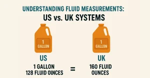 Infographic comparing US and UK gallon measurements: US 1 gallon equals 128 fluid ounces, UK 1 gallon equals 160 fluid ounces, shown with two orange gallon jugs labeled US and UK