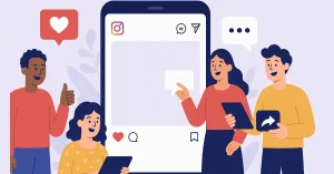 Diverse group of people interacting on Instagram through likes, comments, and shares for community engagement