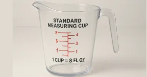 Standard measuring cup displaying 1 cup equal to 8 fluid ounces