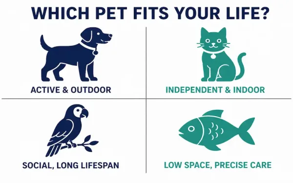 Four-Quadrant Infographic Matching Dog, Cat, Bird, And Fish To Different Lifestyle Traits Like Activity Level, Independence, And Space Needs