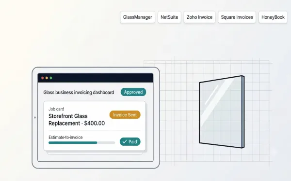 Tablet Displaying A Glass Business Invoicing Dashboard With A Storefront Replacement Job Card, Estimate-To-Invoice Progress Bar, And Paid Status Badge, Alongside A Stylized Glass Panel Icon And Five Software Badge Labels