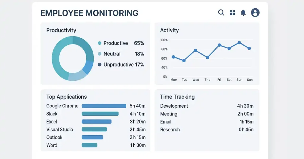 Employee monitoring software dashboard showing productivity analytics and time tracking