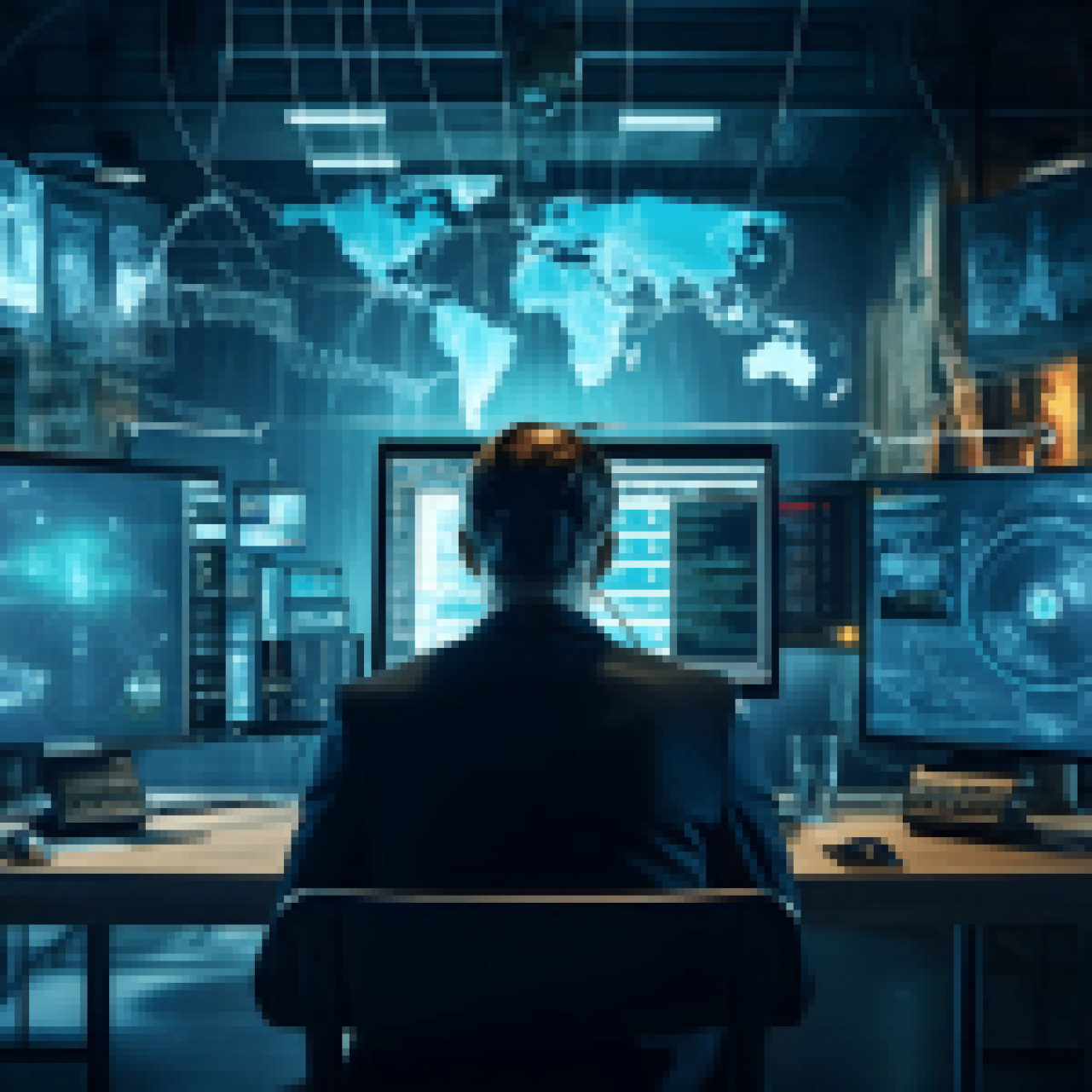 A cybersecurity professional monitors advanced digital interfaces in a high-tech network operations center. #FinTech