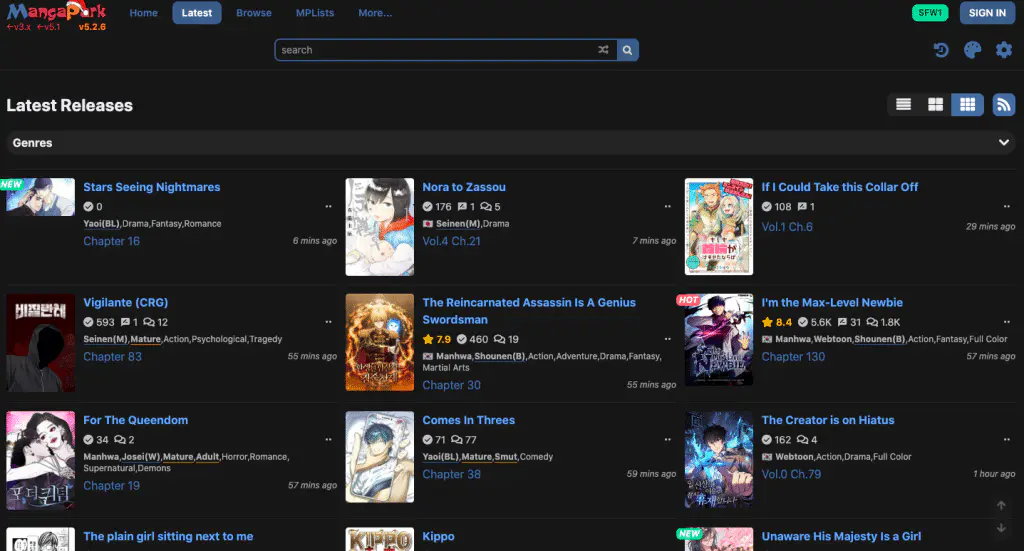 This is the landing page of the Mangapark website.