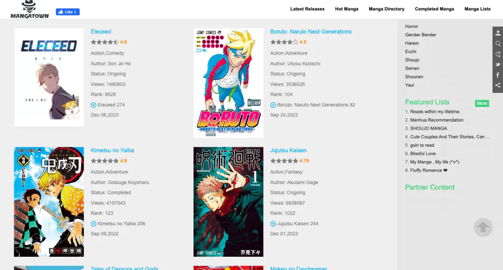 This is the landing page of the Mangatown website.