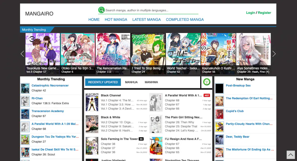This is the landing page of the mangairo website.
